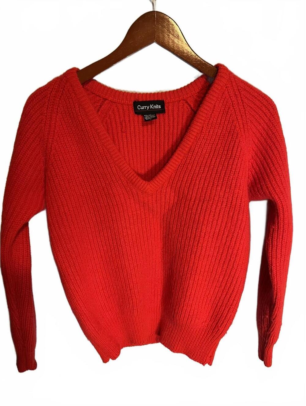 Curry Knits Sweater Womens S Red V Neck Vintage Wool Blend Fisherman 80/90s